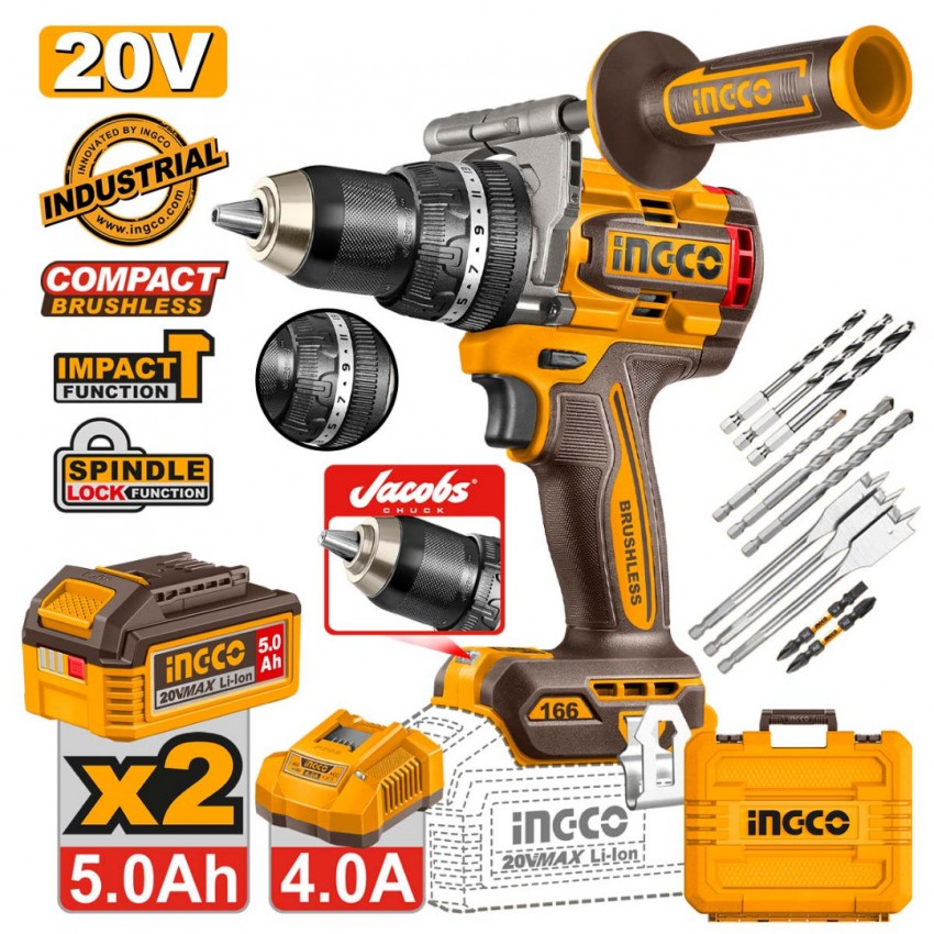 INGCO Κρουστικό Δραπανοκατσάβιδο Compact Μπαταρίας 20V Li-Ion 166Nm με Jacobs Τσοκ (CIDLI201668E)
