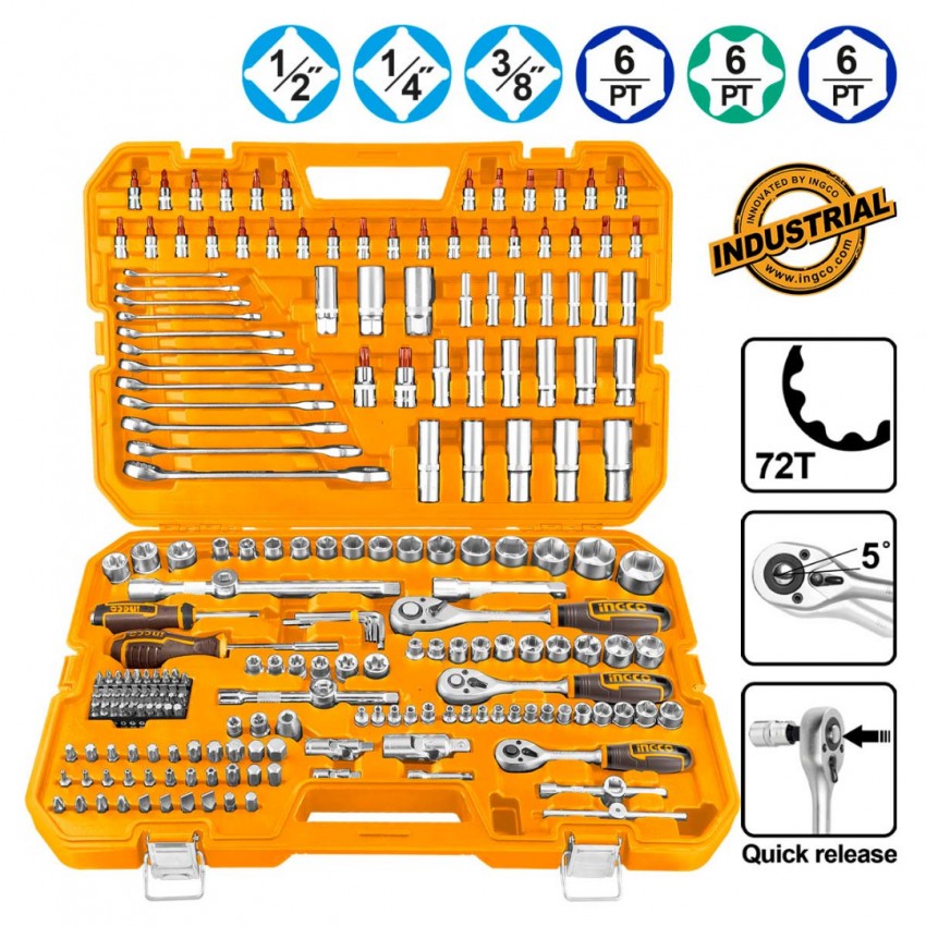 INGCO Εργαλεία Χειρός και Καρυδάκια 1/4" - 1/2" - 3/8" Σετ 216 τεμ. (HKTHP22161)