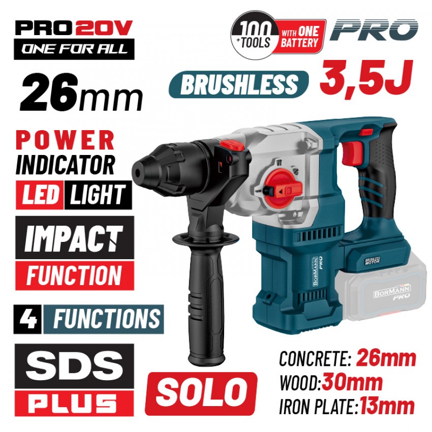 BORMANN Pro BBP5315 Πνευματικό Σκαπτικό Μπαταρίας SDS-PLUS,Brushless 250V,3.5J,0-1150rpm, SOLO
