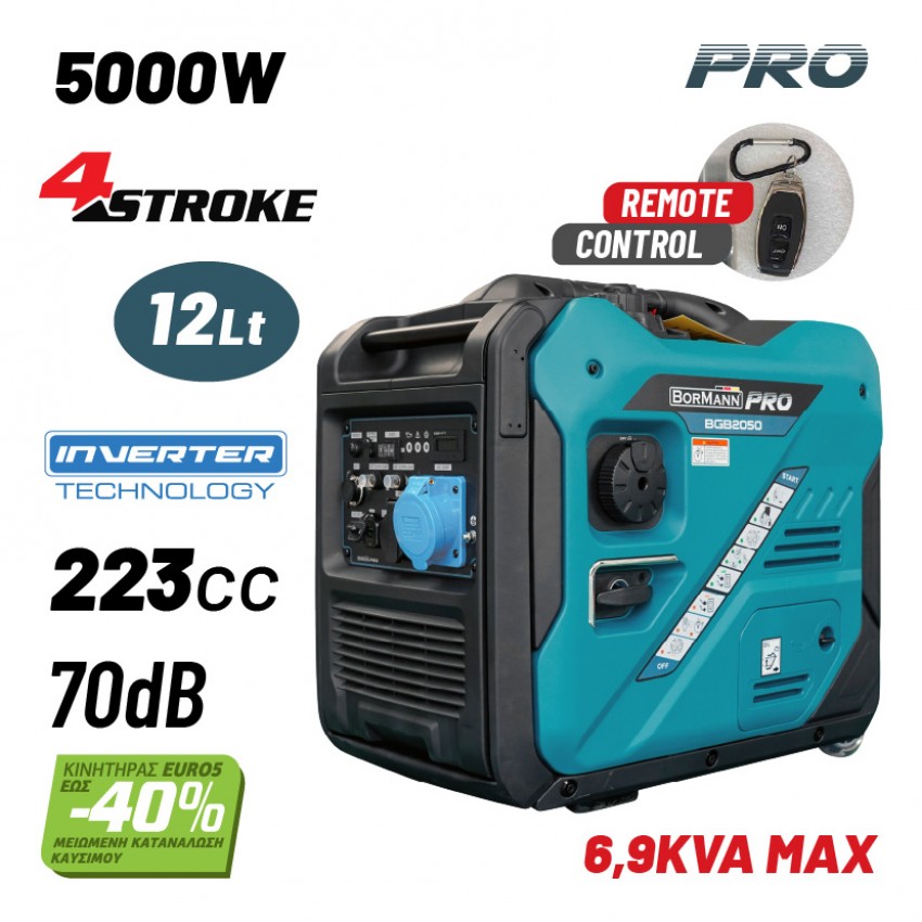 BORMANN Pro BGB2050 Γεννήτρια Βενζίνης Inverter με Ρόδες Συνεχ.Απόδοση 5000W,223cc,70dB-Τηλεχειρισμό
