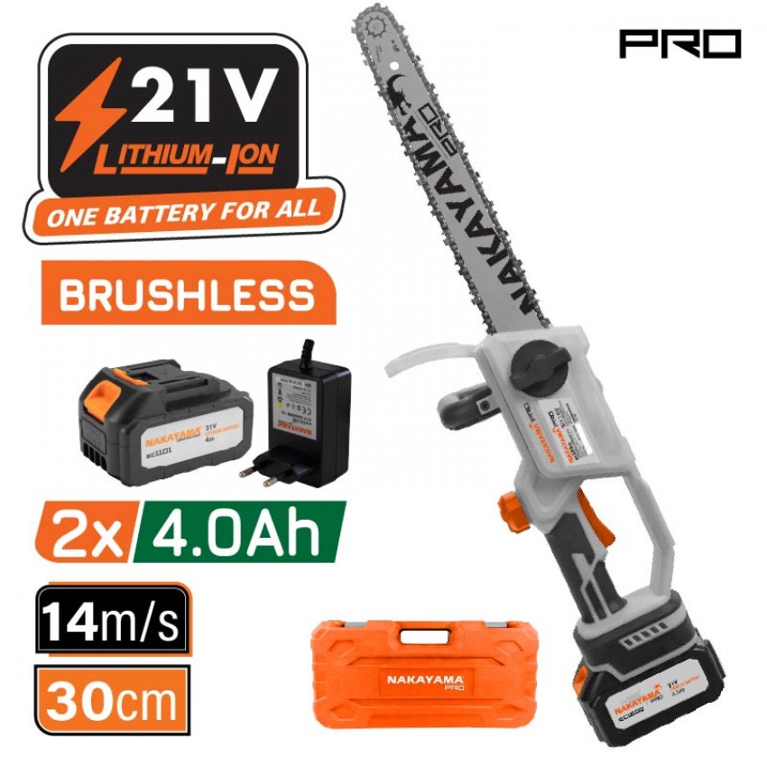 NAKAYAMA Pro EC1230 Κλαδ Αλυσοπρίονο 21V,Brushless, Λάμα 30cm,1/4"1.1mm 62Links, 2x4Ah 1.4kg